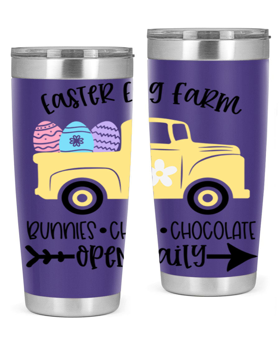 Easter Egg Farm 20oz Tumbler made of stainless steel with a vibrant design, featuring a drink-thru lid and double wall vacuum insulation.