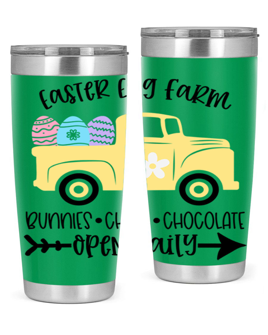 Easter Egg Farm 20oz Tumbler made of stainless steel with a vibrant design, featuring a drink-thru lid and double wall vacuum insulation.