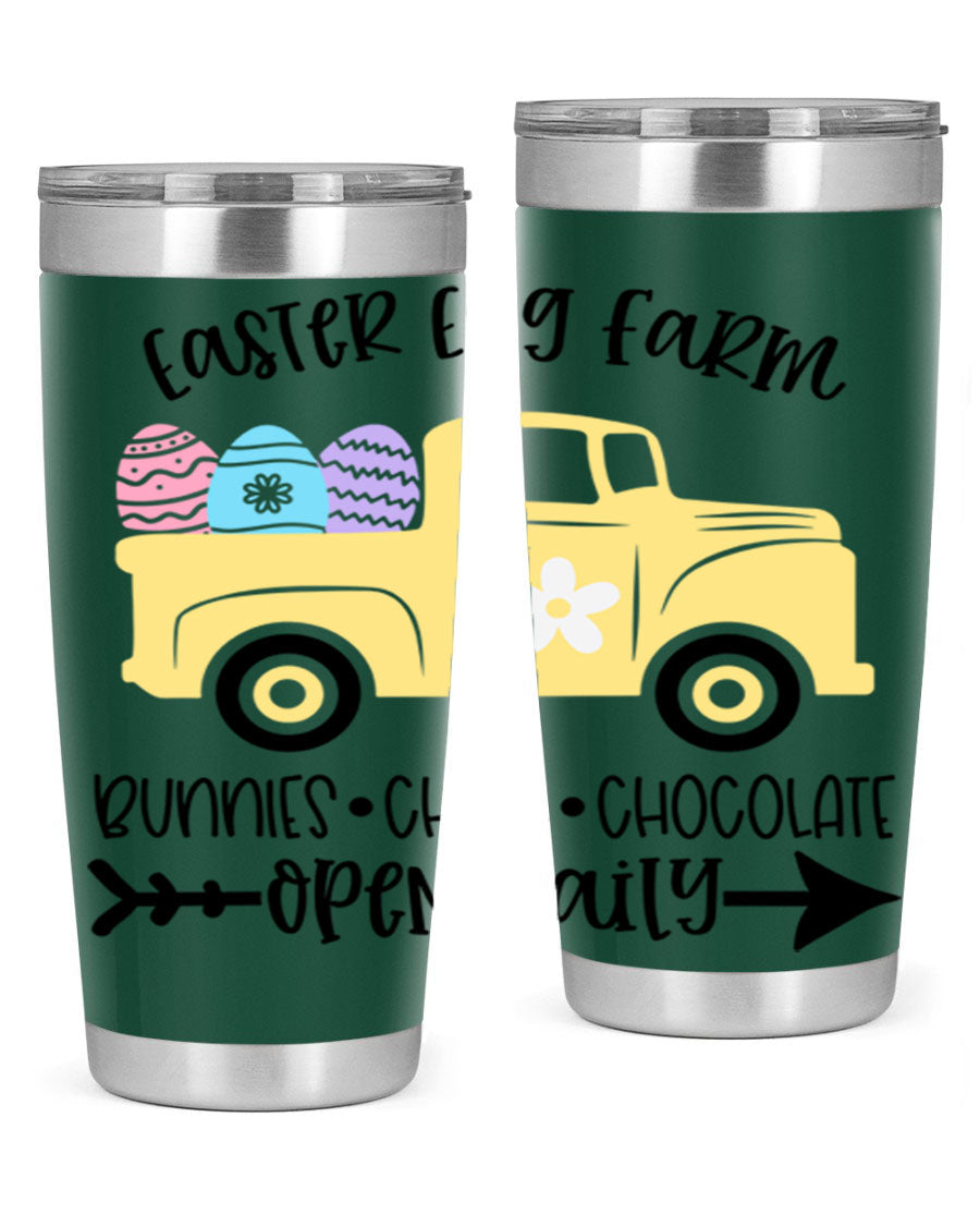 Easter Egg Farm 20oz Tumbler made of stainless steel with a vibrant design, featuring a drink-thru lid and double wall vacuum insulation.