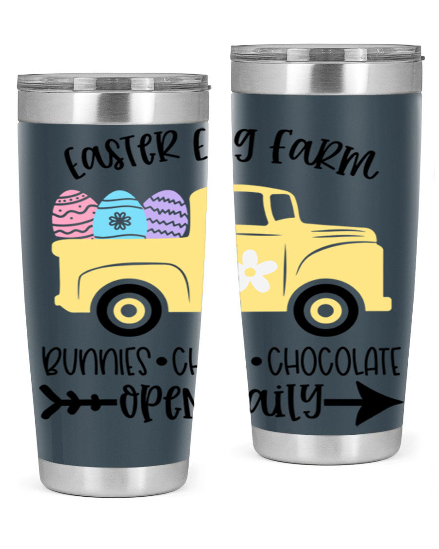 Easter Egg Farm 20oz Tumbler made of stainless steel with a vibrant design, featuring a drink-thru lid and double wall vacuum insulation.