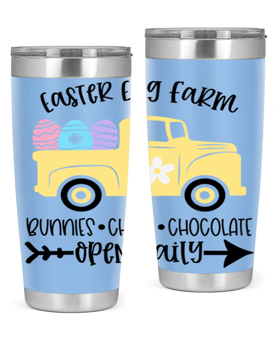 Easter Egg Farm 20oz Tumbler made of stainless steel with a vibrant design, featuring a drink-thru lid and double wall vacuum insulation.