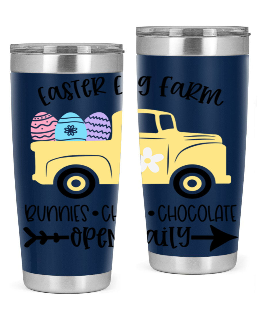Easter Egg Farm 20oz Tumbler made of stainless steel with a vibrant design, featuring a drink-thru lid and double wall vacuum insulation.