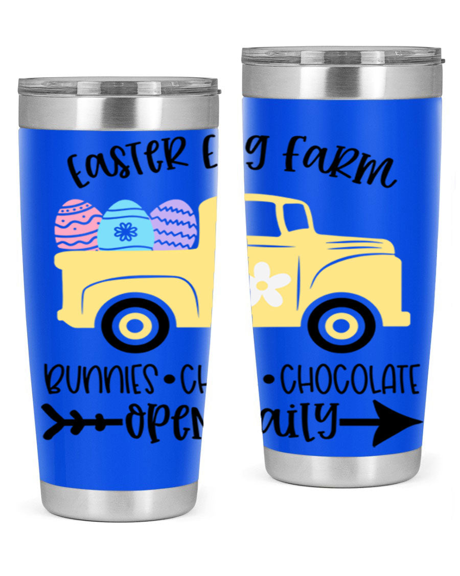 Easter Egg Farm 20oz Tumbler made of stainless steel with a vibrant design, featuring a drink-thru lid and double wall vacuum insulation.