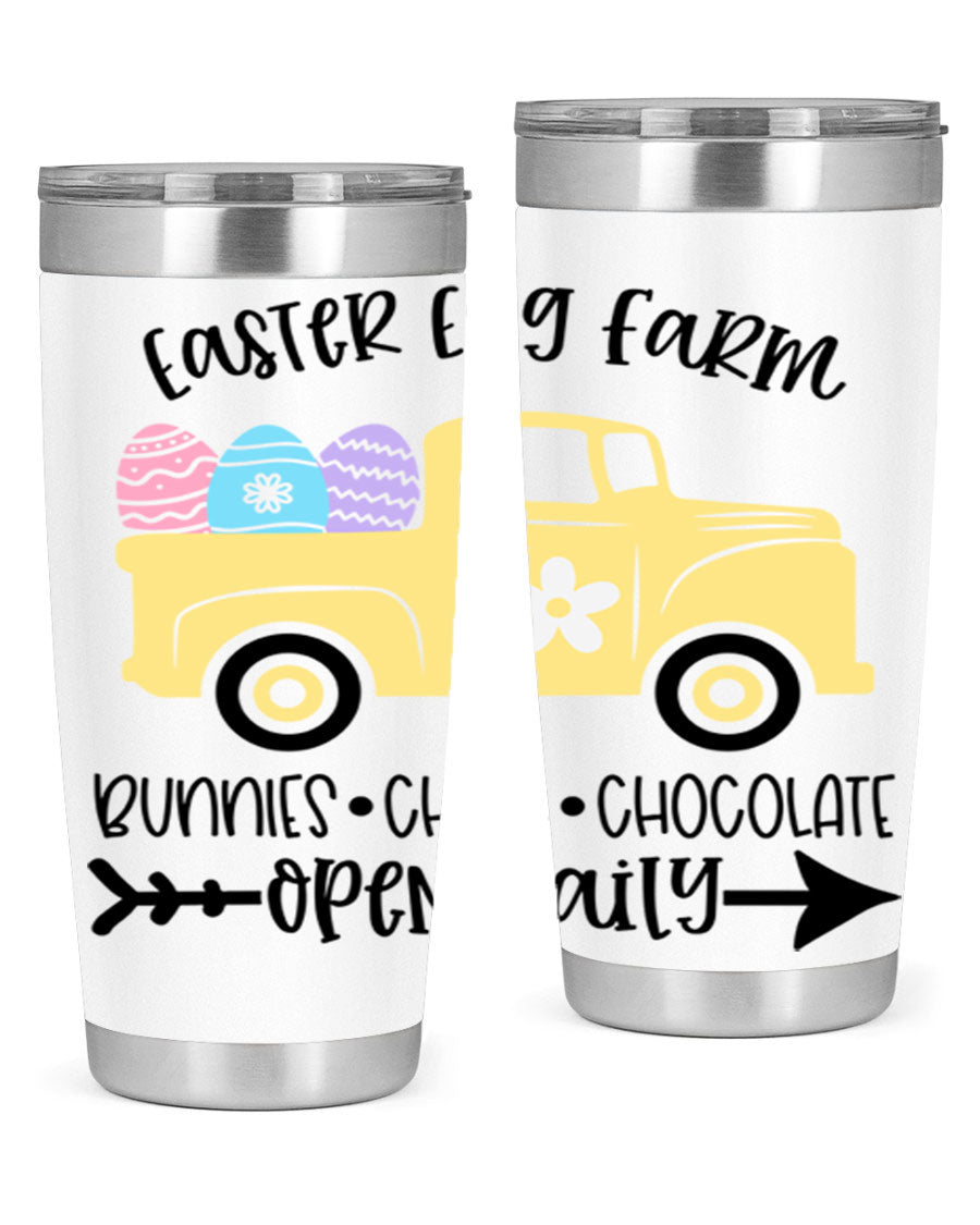 Easter Egg Farm 20oz Tumbler made of stainless steel with a vibrant design, featuring a drink-thru lid and double wall vacuum insulation.