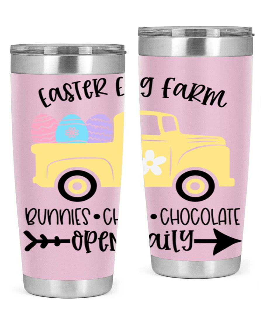 Easter Egg Farm 20oz Tumbler made of stainless steel with a vibrant design, featuring a drink-thru lid and double wall vacuum insulation.