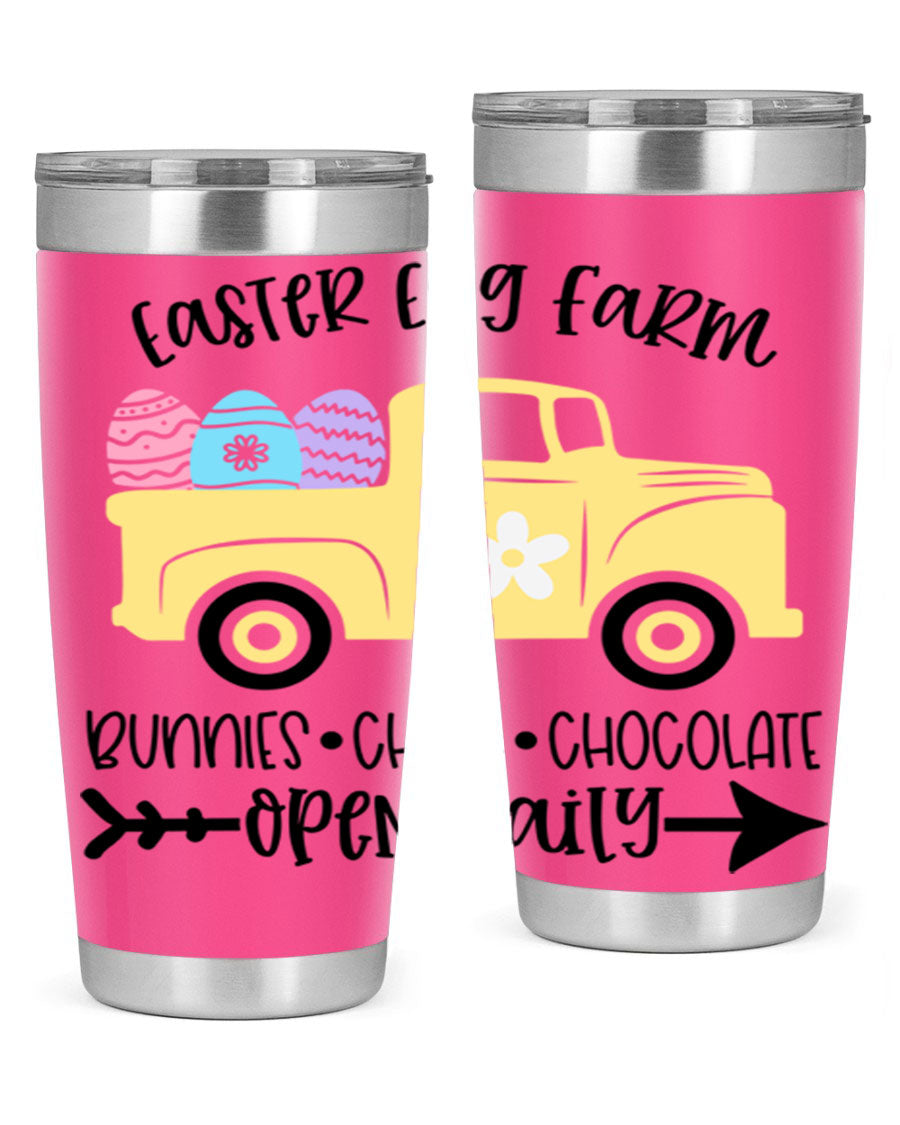 Easter Egg Farm 20oz Tumbler made of stainless steel with a vibrant design, featuring a drink-thru lid and double wall vacuum insulation.