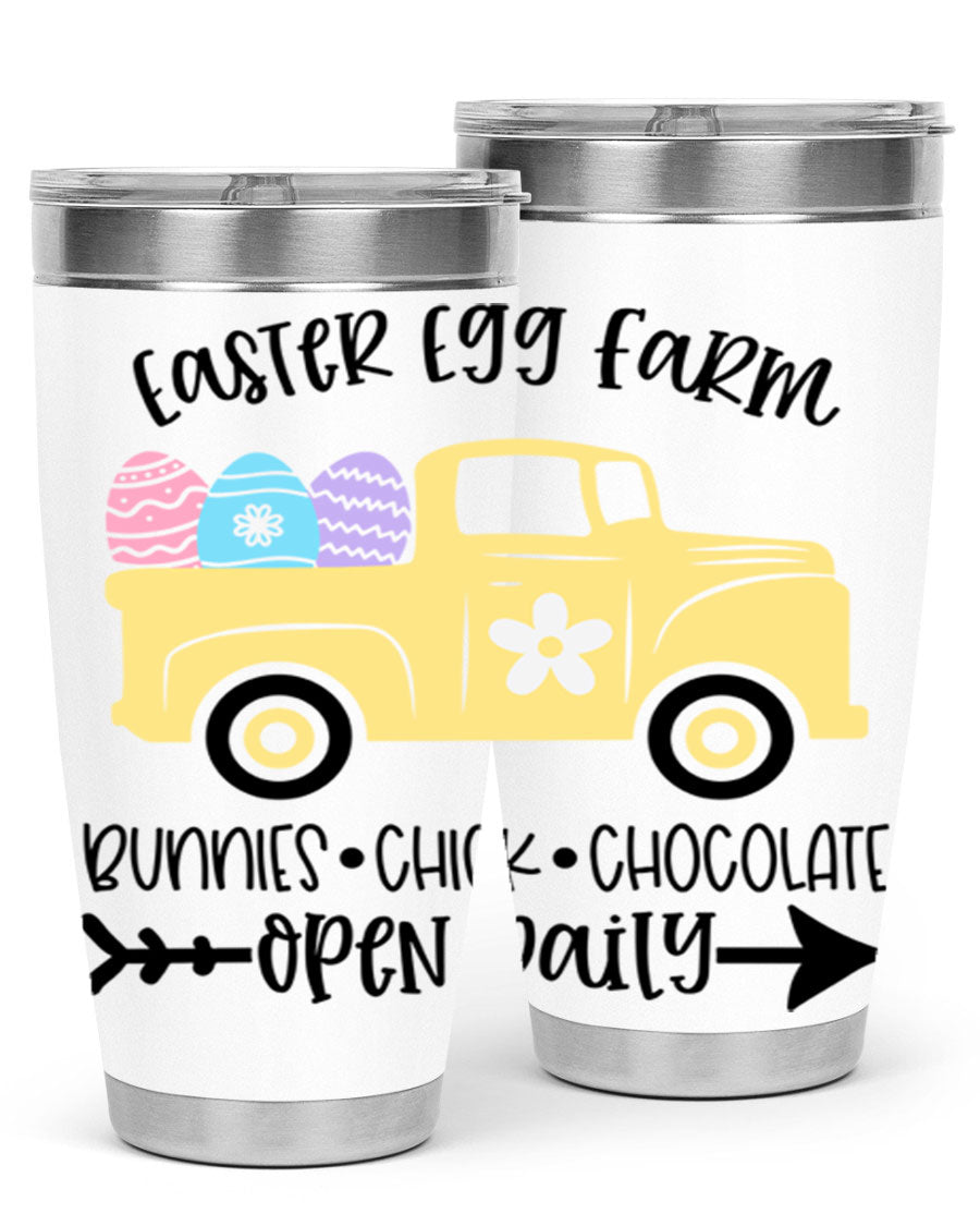 Easter Egg Farm 20oz Tumbler made of stainless steel with a vibrant design, featuring a drink-thru lid and double wall vacuum insulation.