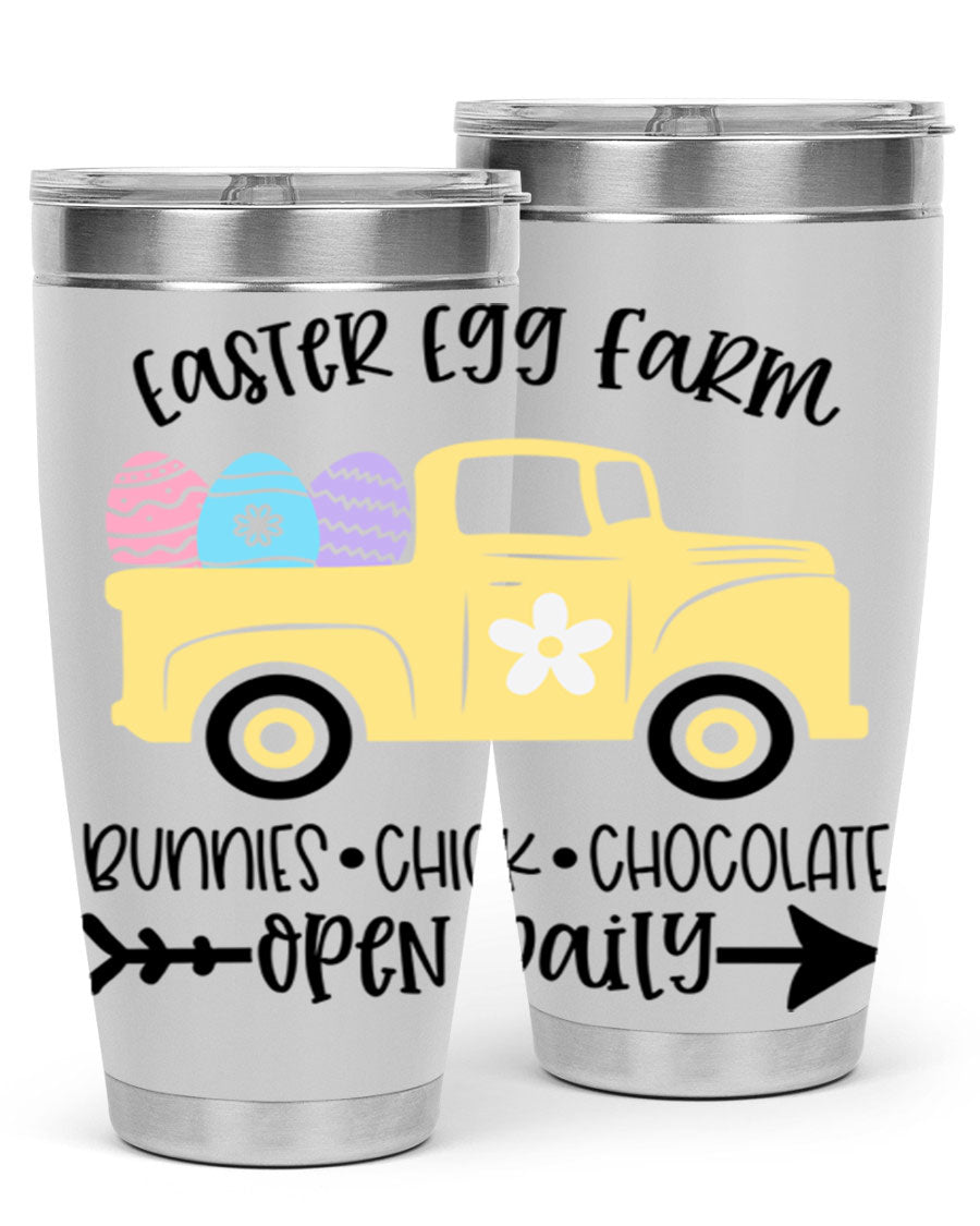 Easter Egg Farm 20oz Tumbler made of stainless steel with a vibrant design, featuring a drink-thru lid and double wall vacuum insulation.