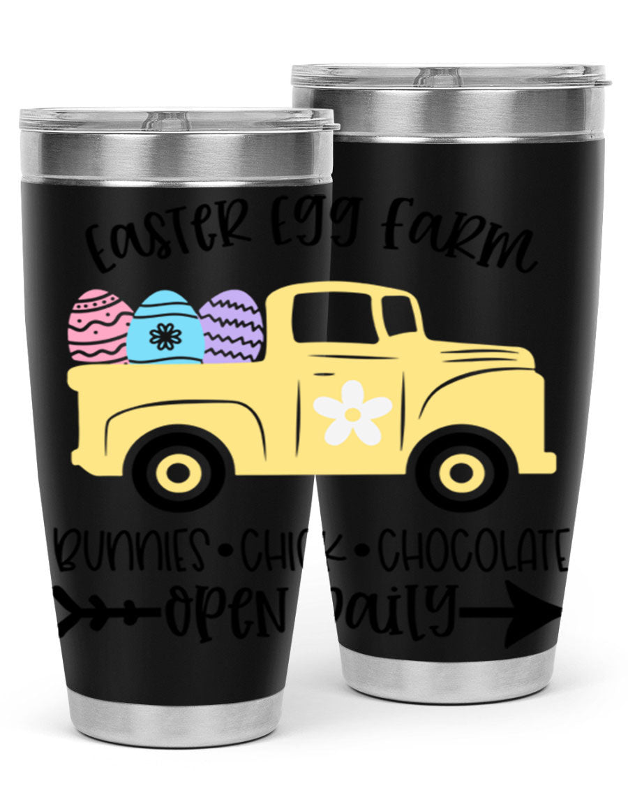 Easter Egg Farm 20oz Tumbler made of stainless steel with a vibrant design, featuring a drink-thru lid and double wall vacuum insulation.