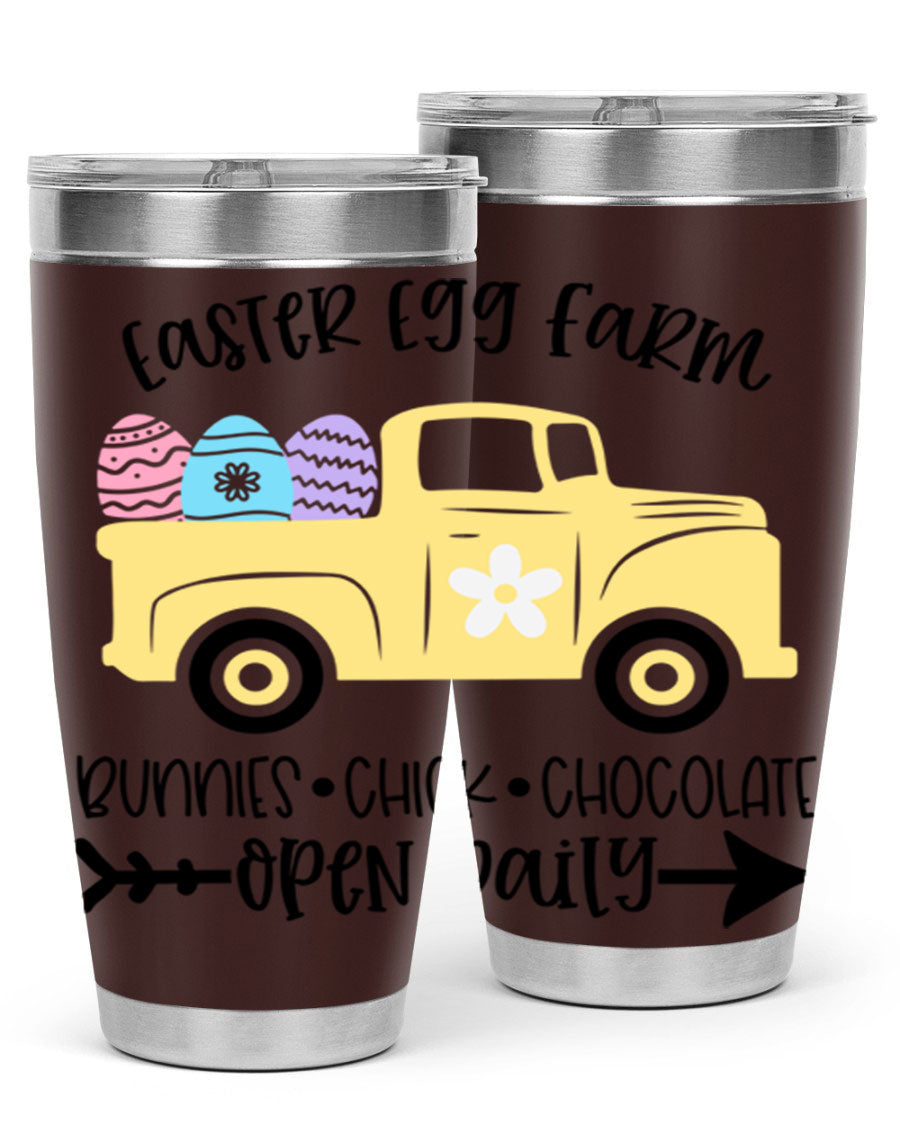 Easter Egg Farm 20oz Tumbler made of stainless steel with a vibrant design, featuring a drink-thru lid and double wall vacuum insulation.