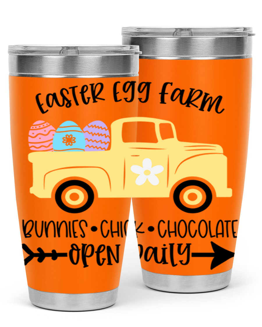 Easter Egg Farm 20oz Tumbler made of stainless steel with a vibrant design, featuring a drink-thru lid and double wall vacuum insulation.