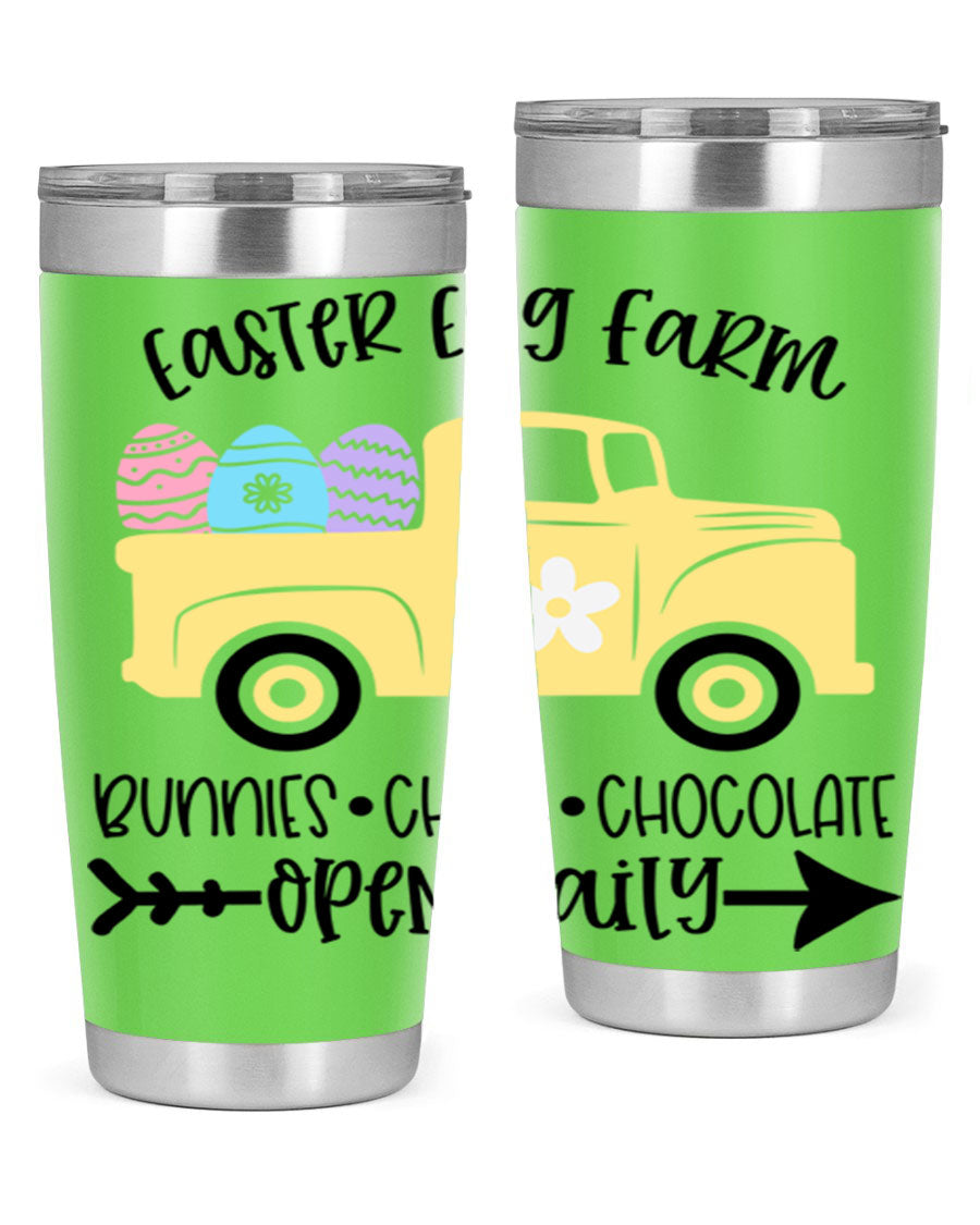 Easter Egg Farm 20oz Tumbler made of stainless steel with a vibrant design, featuring a drink-thru lid and double wall vacuum insulation.