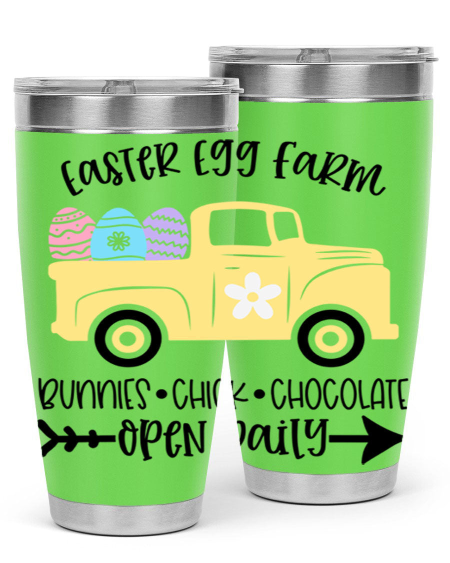 Easter Egg Farm 20oz Tumbler made of stainless steel with a vibrant design, featuring a drink-thru lid and double wall vacuum insulation.