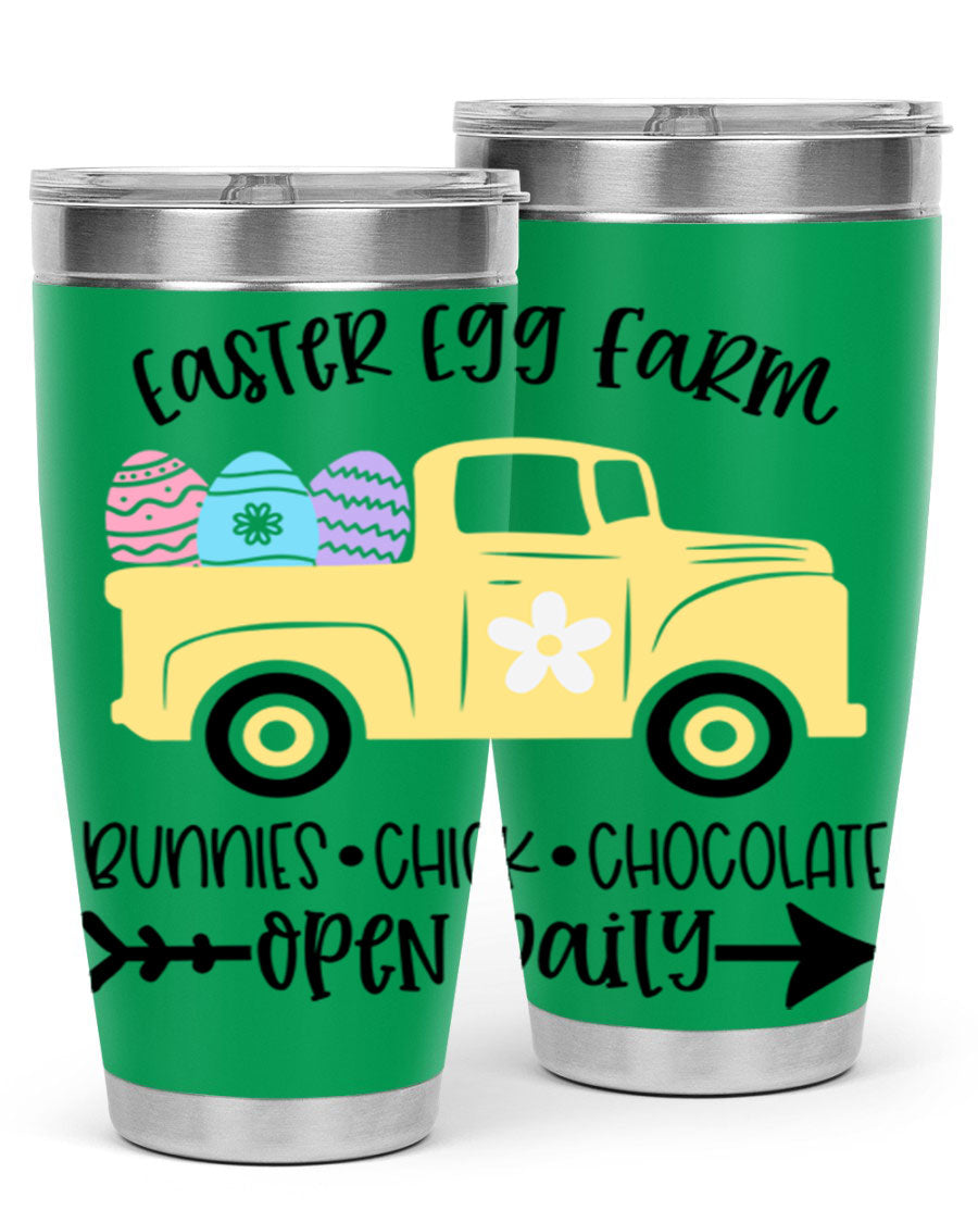Easter Egg Farm 20oz Tumbler made of stainless steel with a vibrant design, featuring a drink-thru lid and double wall vacuum insulation.