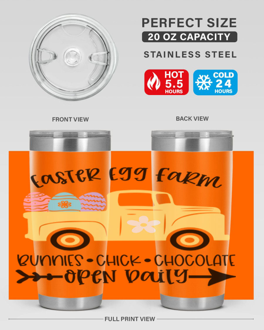 Easter Egg Farm 20oz Tumbler made of stainless steel with a vibrant design, featuring a drink-thru lid and double wall vacuum insulation.