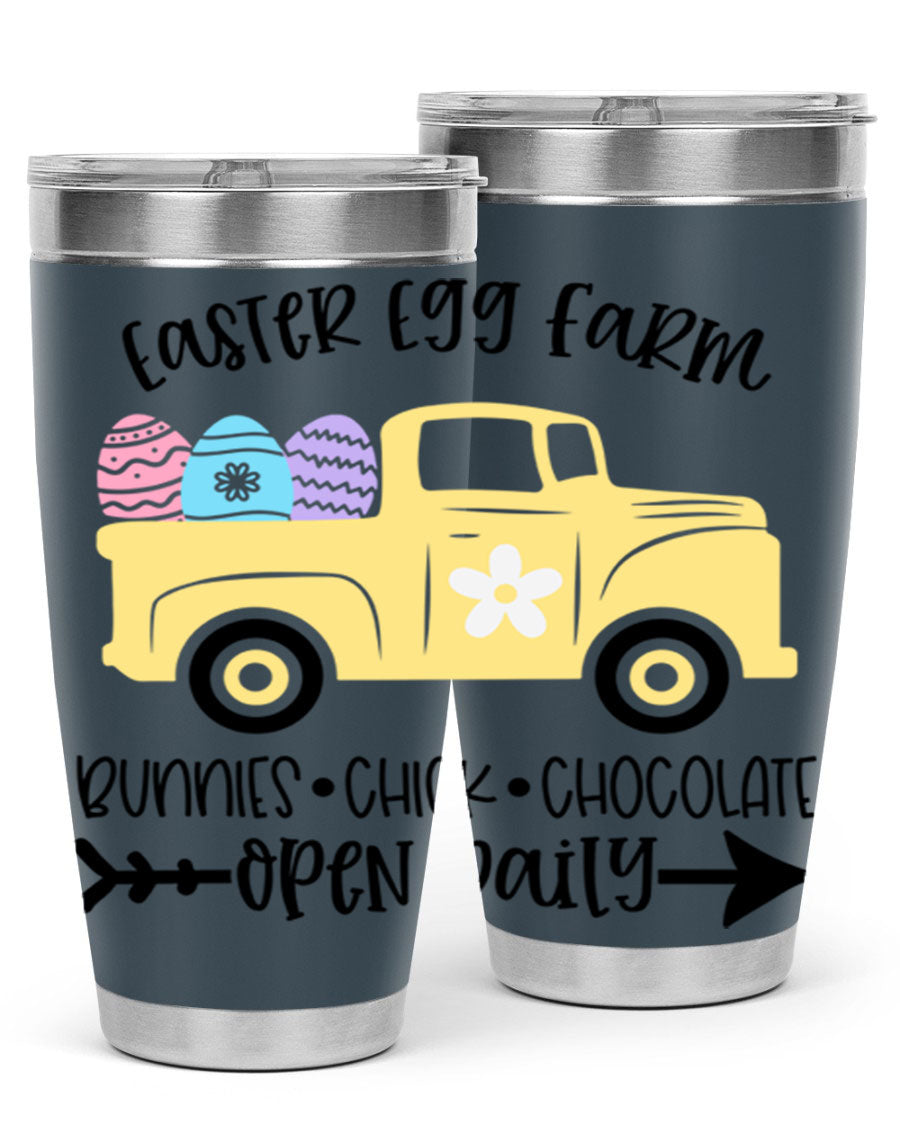 Easter Egg Farm 20oz Tumbler made of stainless steel with a vibrant design, featuring a drink-thru lid and double wall vacuum insulation.