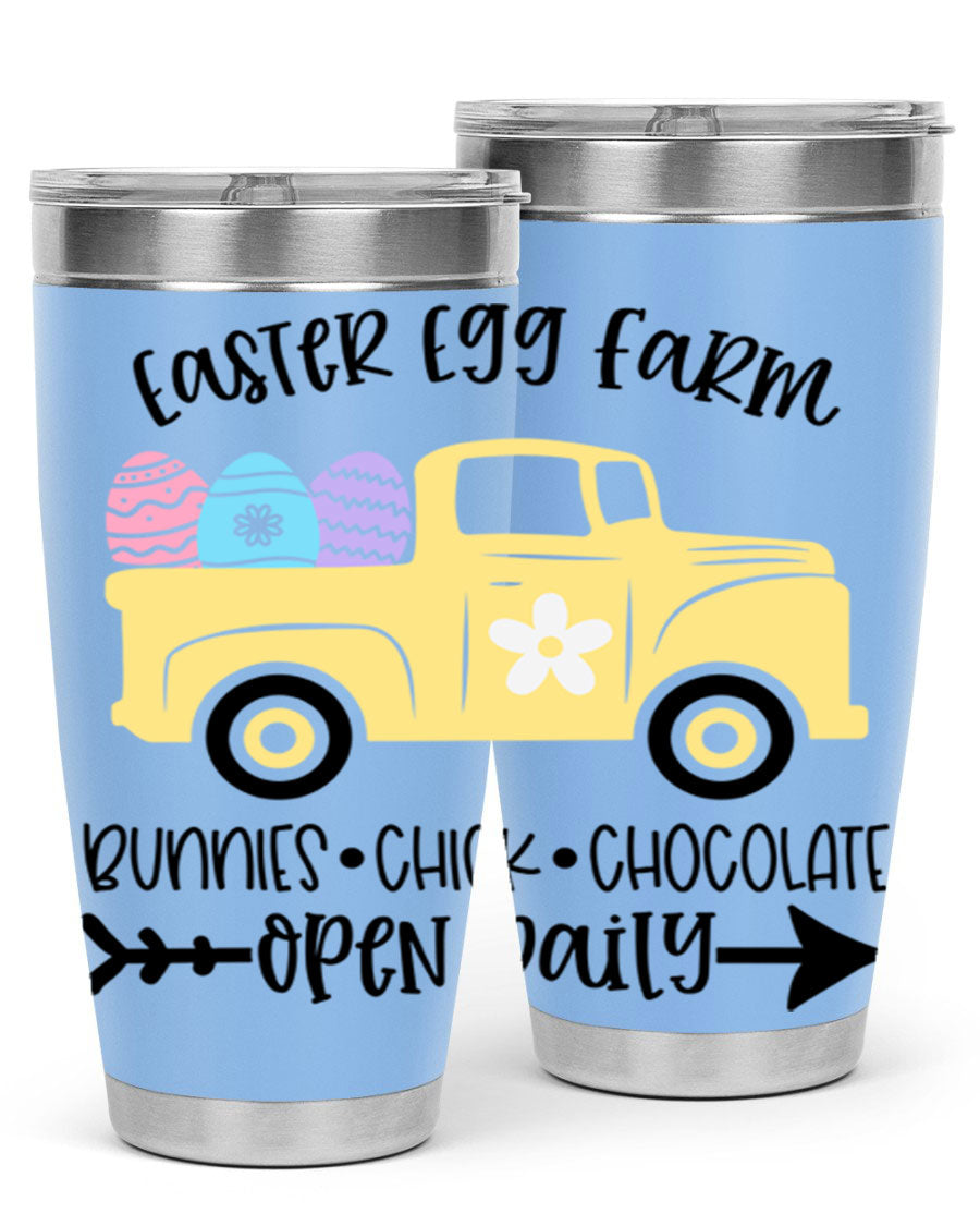 Easter Egg Farm 20oz Tumbler made of stainless steel with a vibrant design, featuring a drink-thru lid and double wall vacuum insulation.