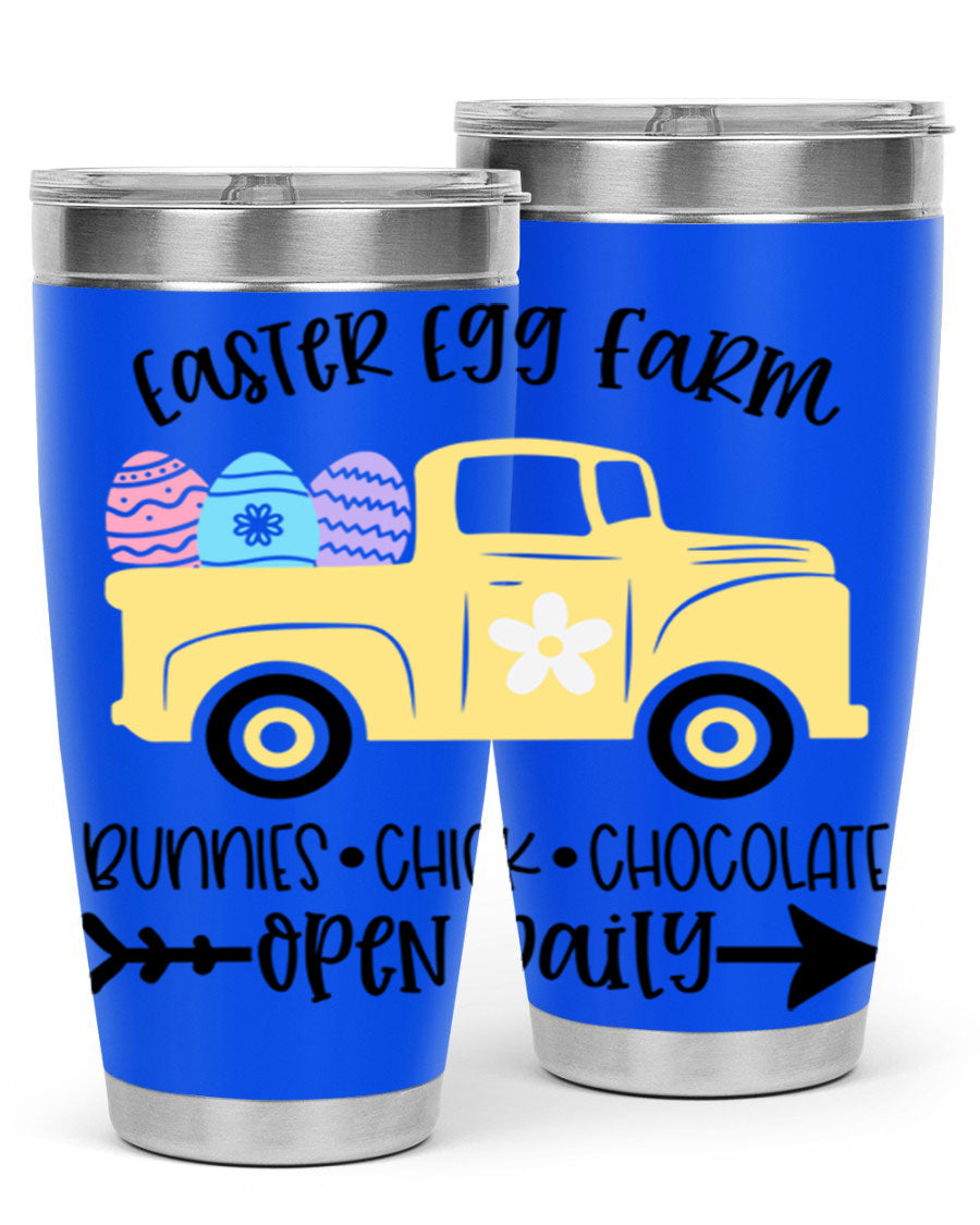 Easter Egg Farm 20oz Tumbler made of stainless steel with a vibrant design, featuring a drink-thru lid and double wall vacuum insulation.