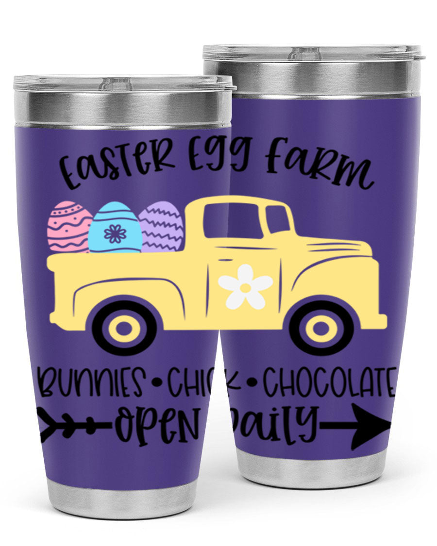 Easter Egg Farm 20oz Tumbler made of stainless steel with a vibrant design, featuring a drink-thru lid and double wall vacuum insulation.