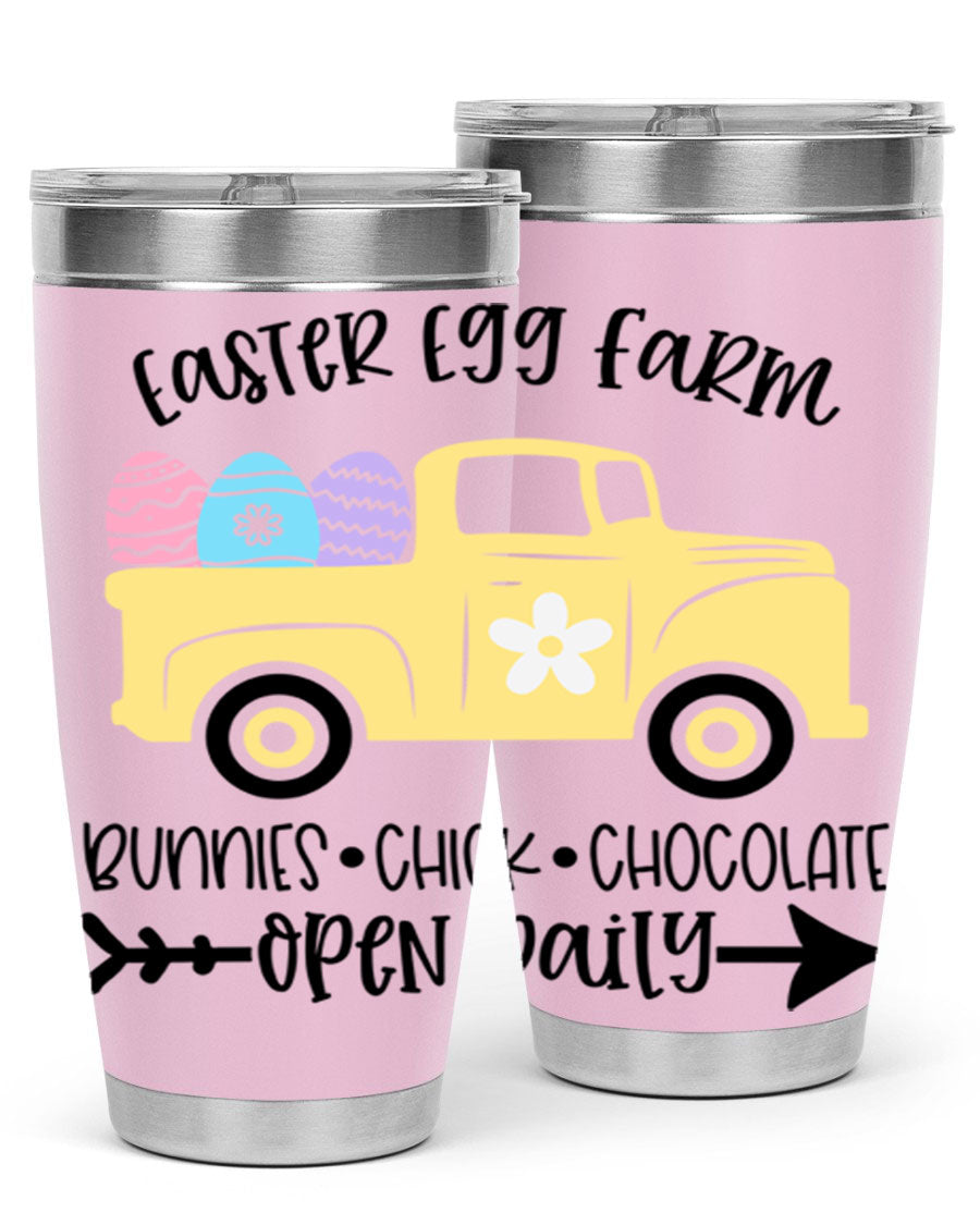 Easter Egg Farm 20oz Tumbler made of stainless steel with a vibrant design, featuring a drink-thru lid and double wall vacuum insulation.