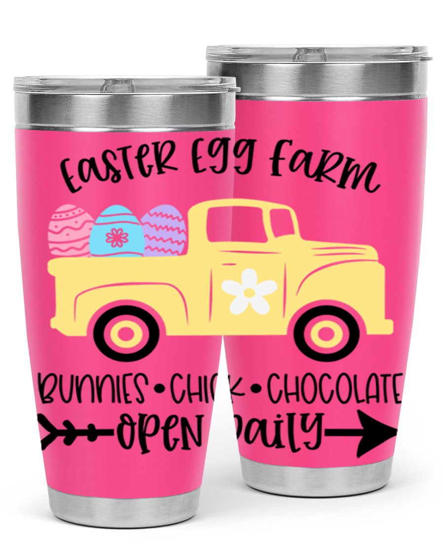 Easter Egg Farm 20oz Tumbler made of stainless steel with a vibrant design, featuring a drink-thru lid and double wall vacuum insulation.