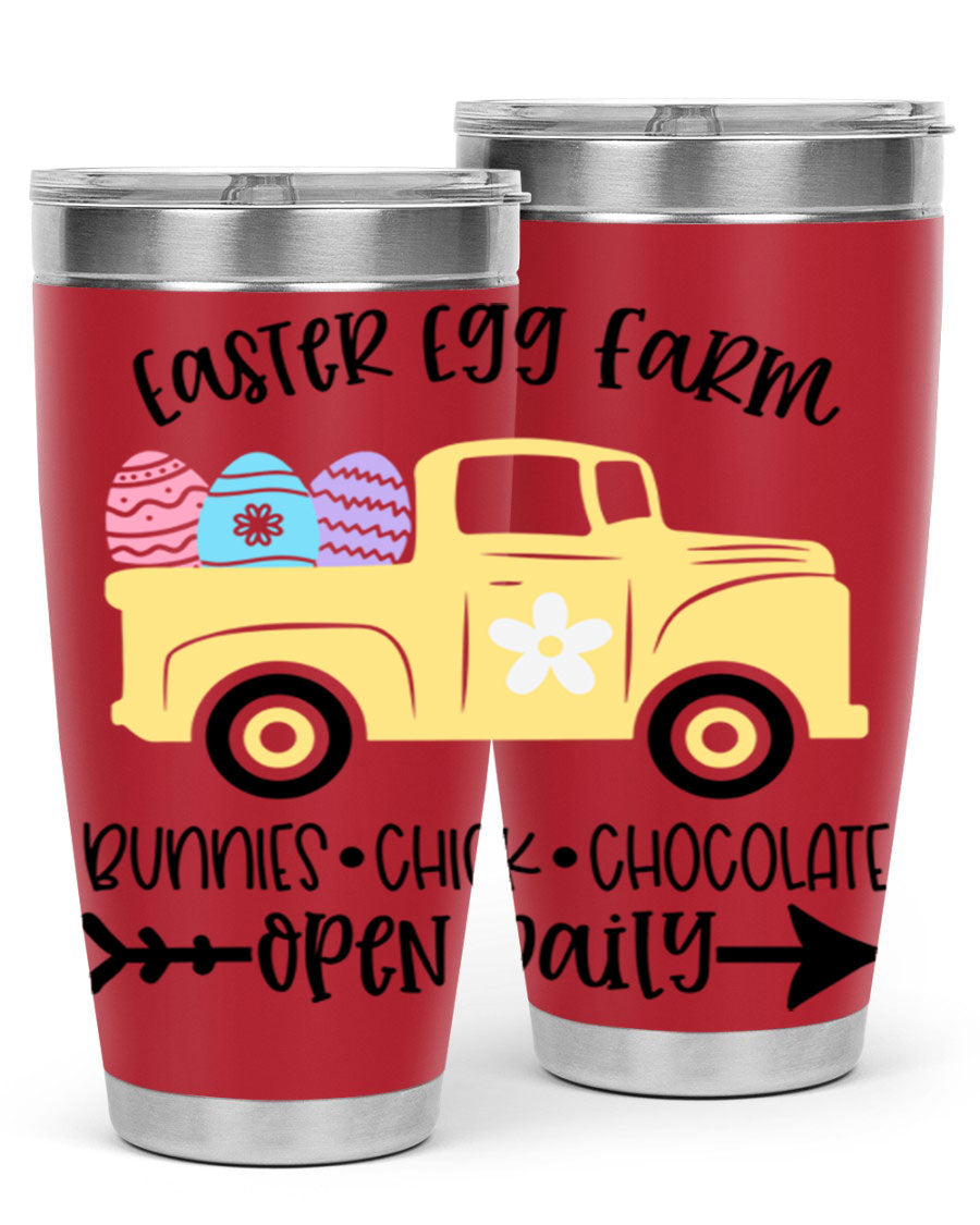 Easter Egg Farm 20oz Tumbler made of stainless steel with a vibrant design, featuring a drink-thru lid and double wall vacuum insulation.