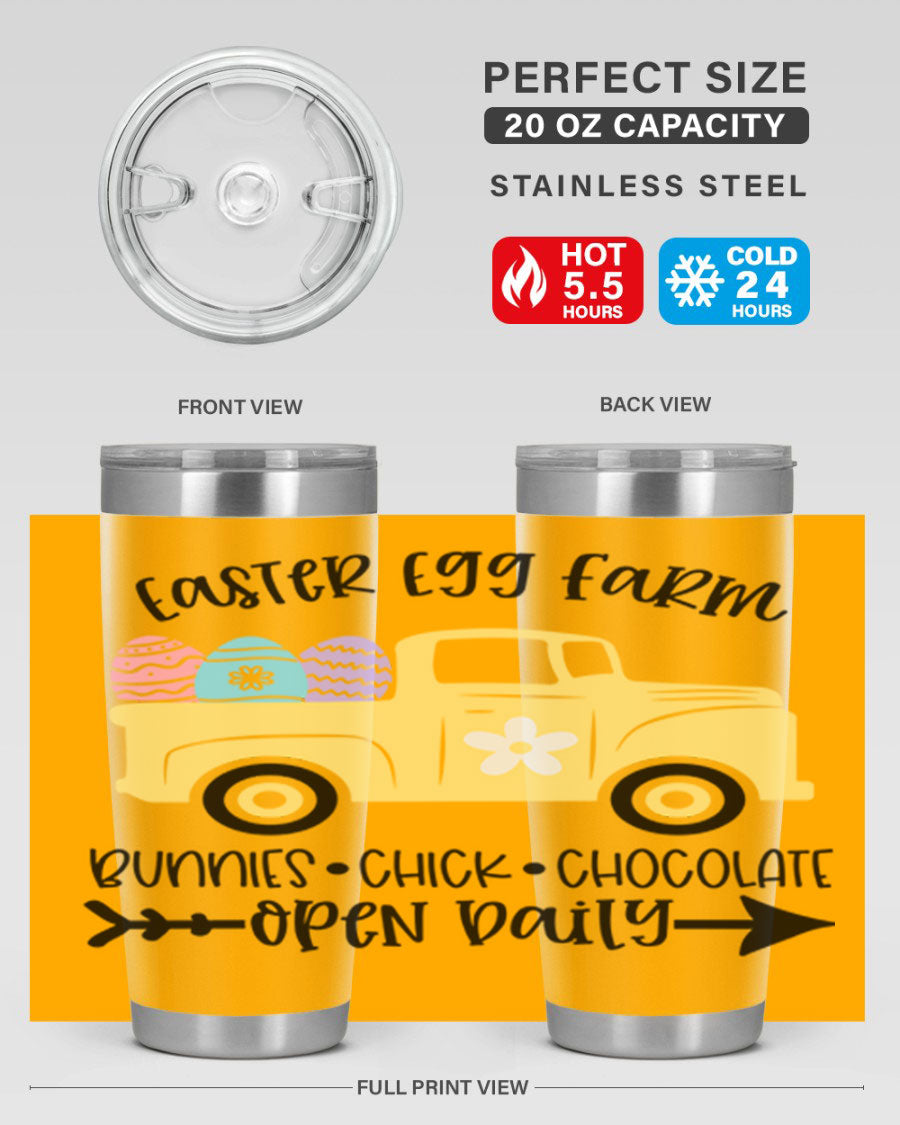 Easter Egg Farm 20oz Tumbler made of stainless steel with a vibrant design, featuring a drink-thru lid and double wall vacuum insulation.