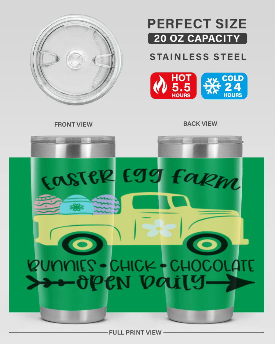 Easter Egg Farm 20oz Tumbler made of stainless steel with a vibrant design, featuring a drink-thru lid and double wall vacuum insulation.