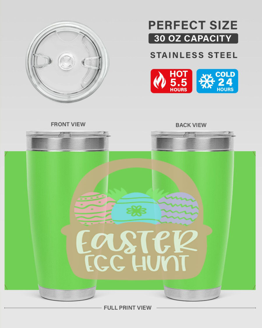 Easter Egg Hunt 20oz Tumbler featuring double wall vacuum stainless steel with a colorful design, perfect for hot and cold beverages.