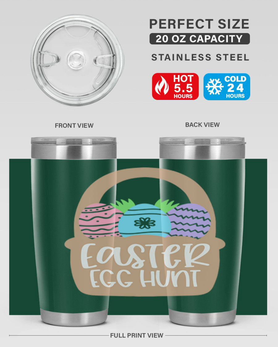 Easter Egg Hunt 20oz Tumbler featuring double wall vacuum stainless steel with a colorful design, perfect for hot and cold beverages.