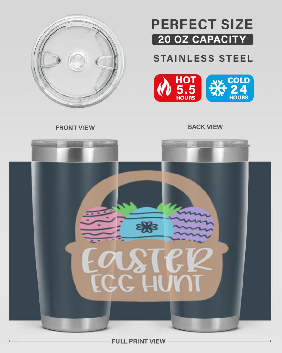 Easter Egg Hunt 20oz Tumbler featuring double wall vacuum stainless steel with a colorful design, perfect for hot and cold beverages.
