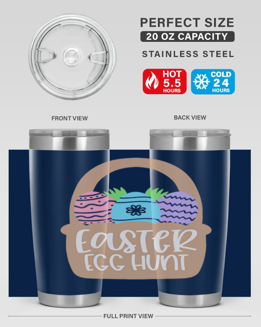 Easter Egg Hunt 20oz Tumbler featuring double wall vacuum stainless steel with a colorful design, perfect for hot and cold beverages.