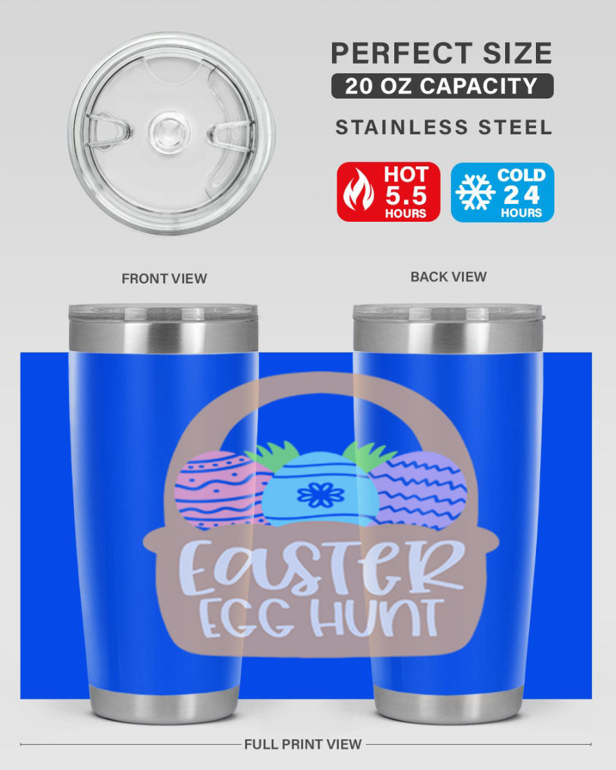 Easter Egg Hunt 20oz Tumbler featuring double wall vacuum stainless steel with a colorful design, perfect for hot and cold beverages.