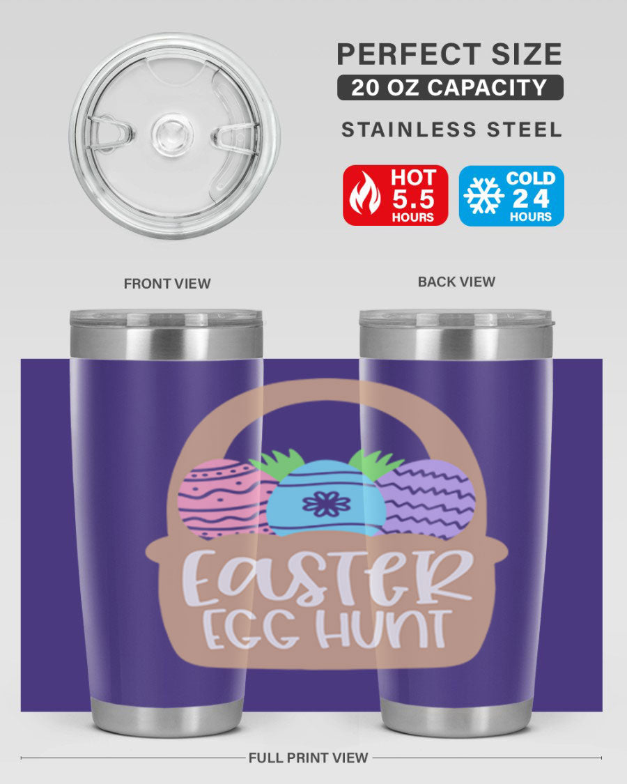 Easter Egg Hunt 20oz Tumbler featuring double wall vacuum stainless steel with a colorful design, perfect for hot and cold beverages.