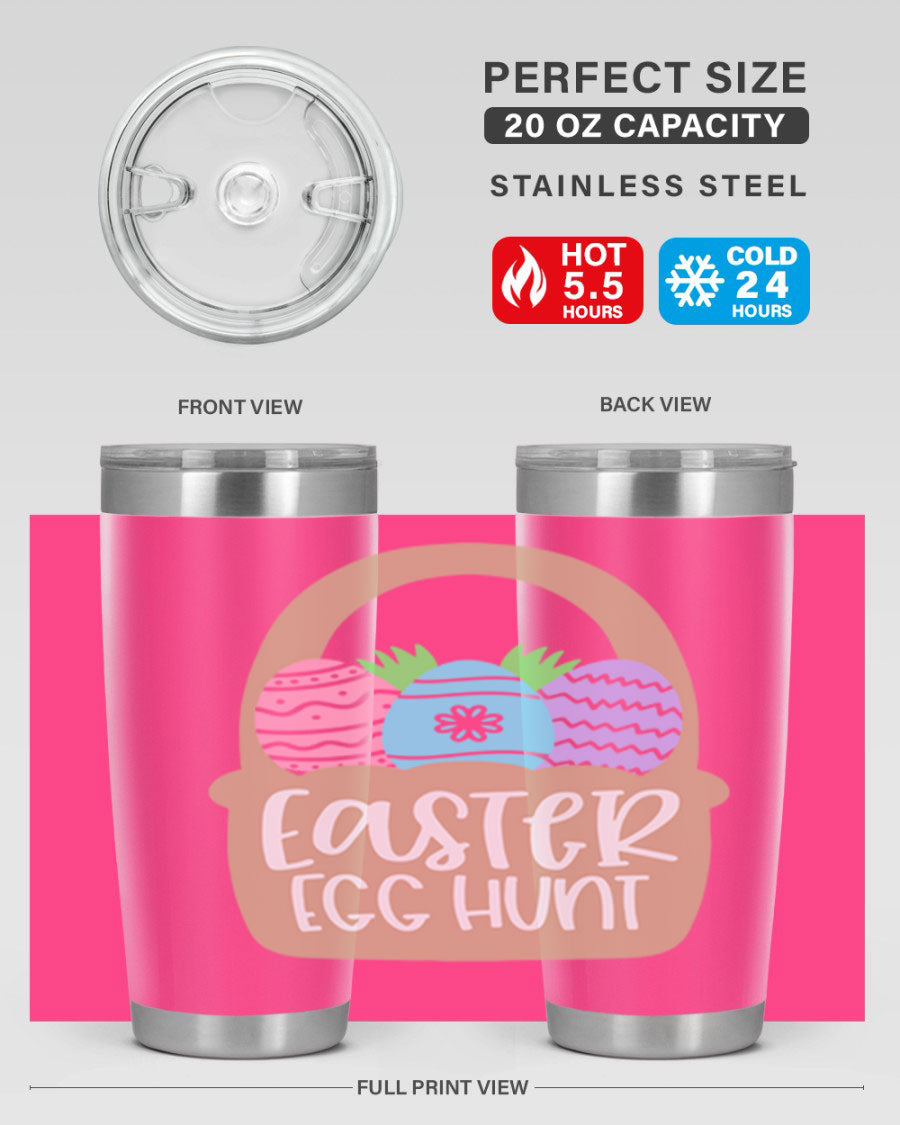Easter Egg Hunt 20oz Tumbler featuring double wall vacuum stainless steel with a colorful design, perfect for hot and cold beverages.