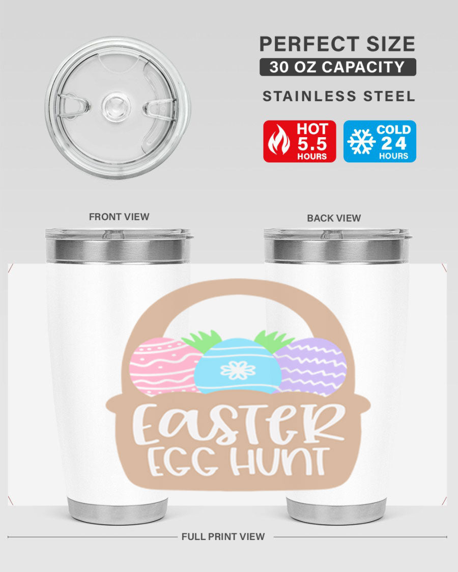 Easter Egg Hunt 20oz Tumbler featuring double wall vacuum stainless steel with a colorful design, perfect for hot and cold beverages.