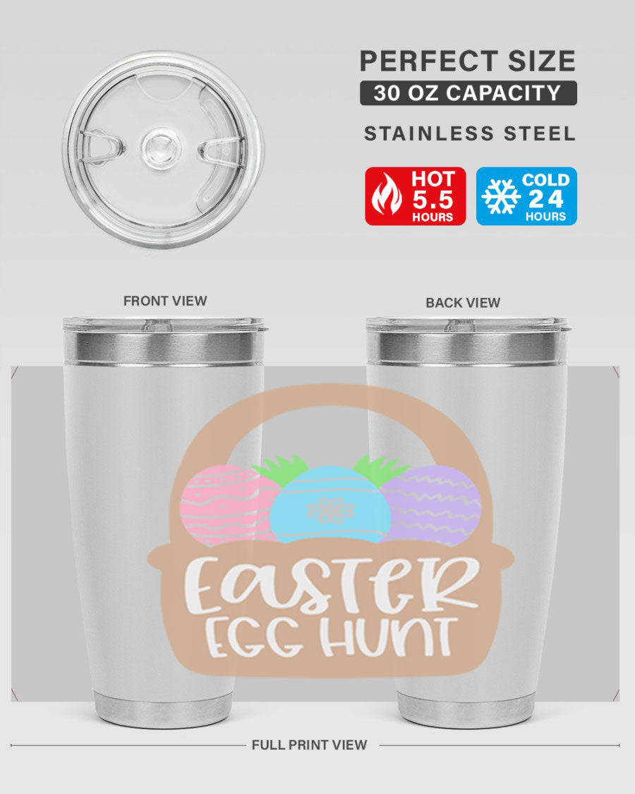 Easter Egg Hunt 20oz Tumbler featuring double wall vacuum stainless steel with a colorful design, perfect for hot and cold beverages.