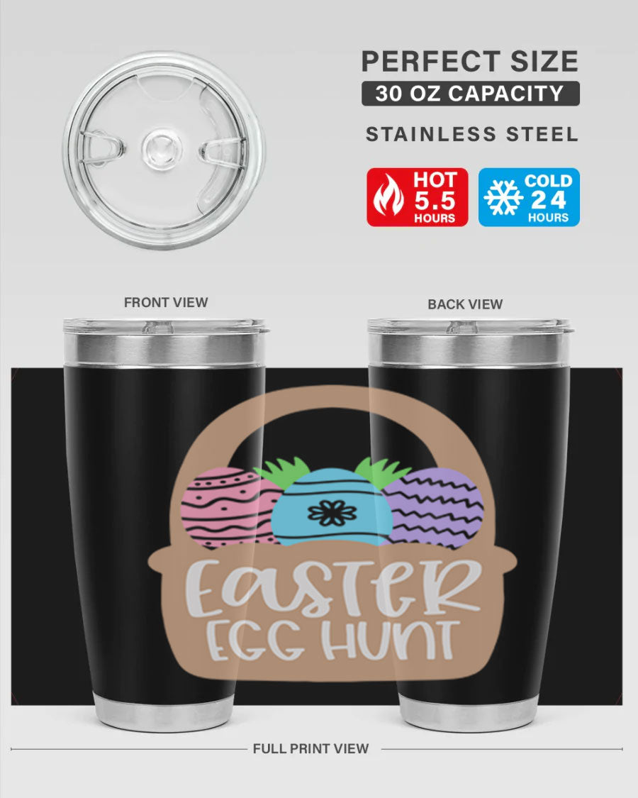 Easter Egg Hunt 20oz Tumbler featuring double wall vacuum stainless steel with a colorful design, perfect for hot and cold beverages.