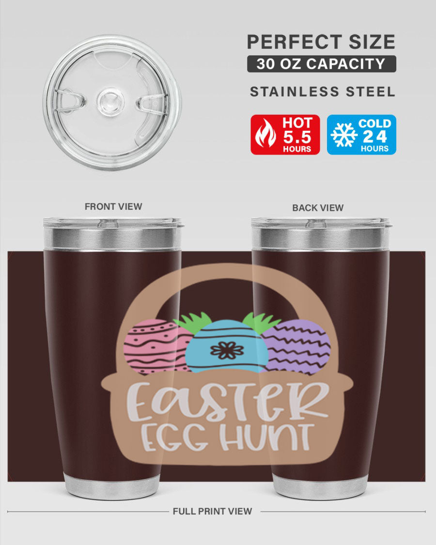 Easter Egg Hunt 20oz Tumbler featuring double wall vacuum stainless steel with a colorful design, perfect for hot and cold beverages.