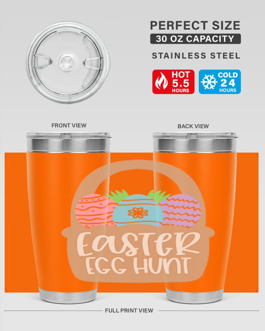 Easter Egg Hunt 20oz Tumbler featuring double wall vacuum stainless steel with a colorful design, perfect for hot and cold beverages.