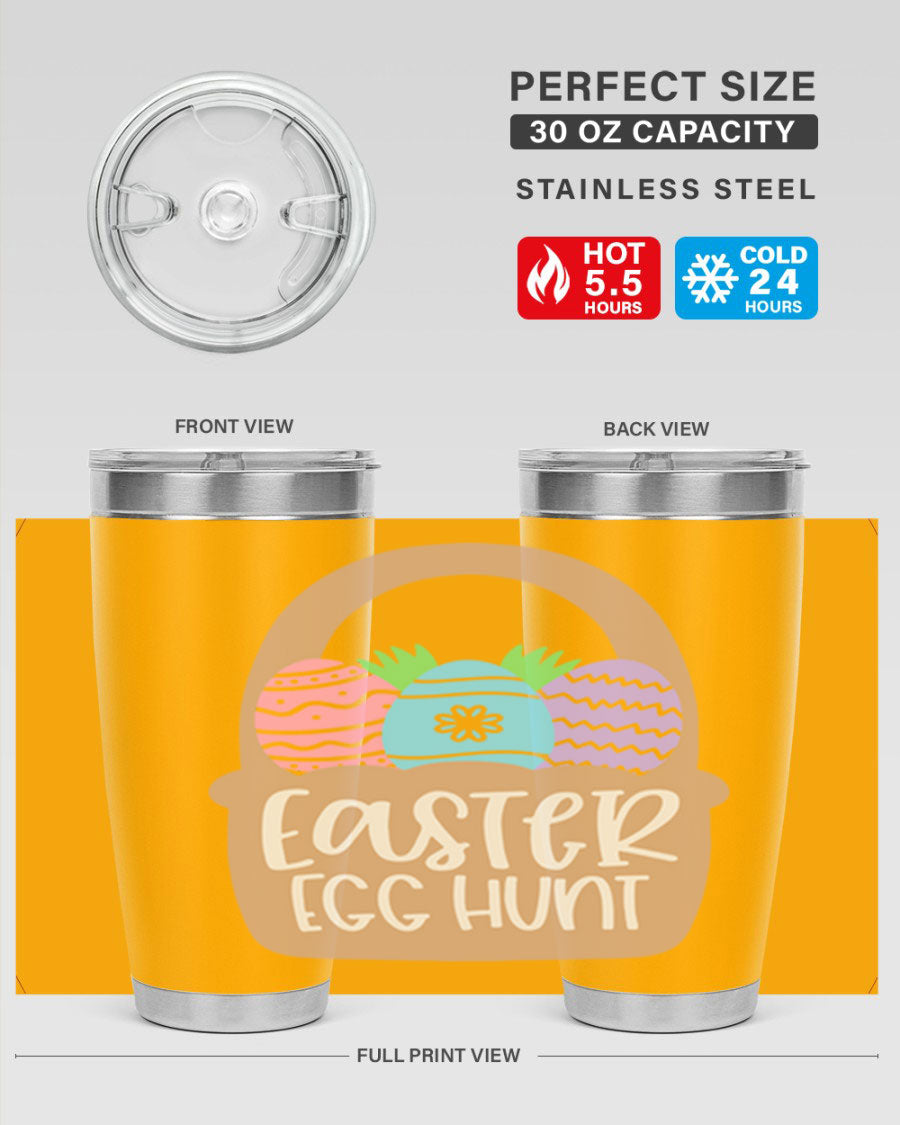 Easter Egg Hunt 20oz Tumbler featuring double wall vacuum stainless steel with a colorful design, perfect for hot and cold beverages.