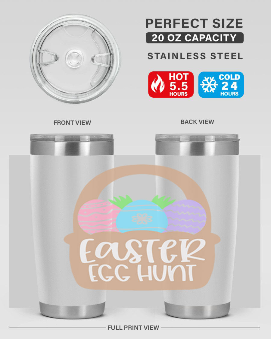 Easter Egg Hunt 20oz Tumbler featuring double wall vacuum stainless steel with a colorful design, perfect for hot and cold beverages.