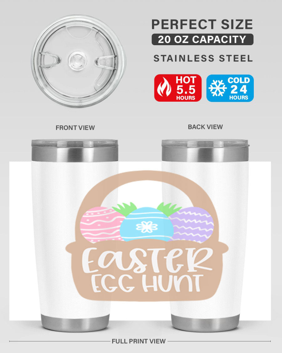 Easter Egg Hunt 20oz Tumbler featuring double wall vacuum stainless steel with a colorful design, perfect for hot and cold beverages.
