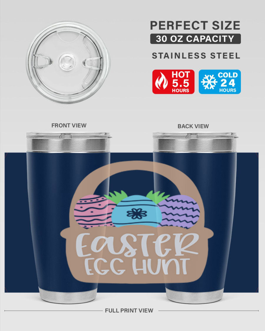 Easter Egg Hunt 20oz Tumbler featuring double wall vacuum stainless steel with a colorful design, perfect for hot and cold beverages.