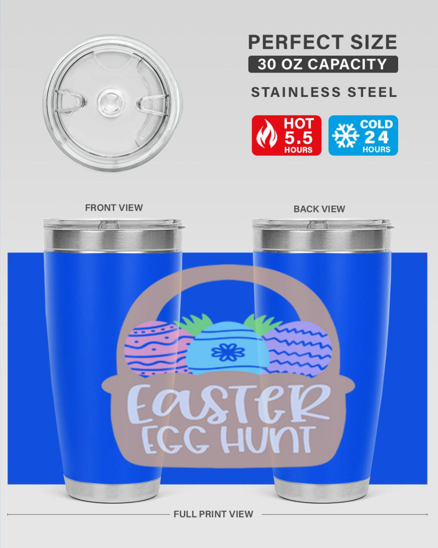 Easter Egg Hunt 20oz Tumbler featuring double wall vacuum stainless steel with a colorful design, perfect for hot and cold beverages.
