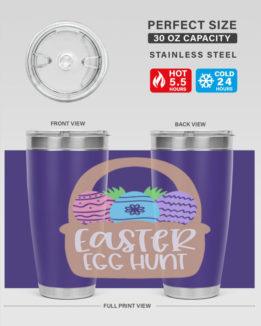 Easter Egg Hunt 20oz Tumbler featuring double wall vacuum stainless steel with a colorful design, perfect for hot and cold beverages.