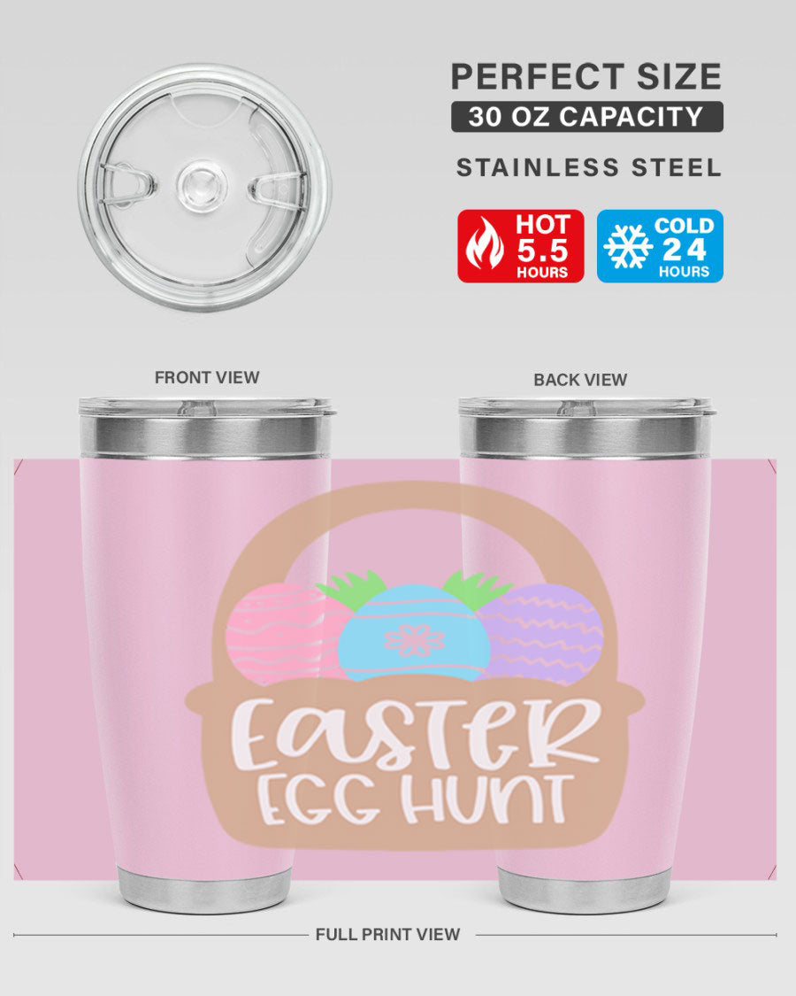 Easter Egg Hunt 20oz Tumbler featuring double wall vacuum stainless steel with a colorful design, perfect for hot and cold beverages.