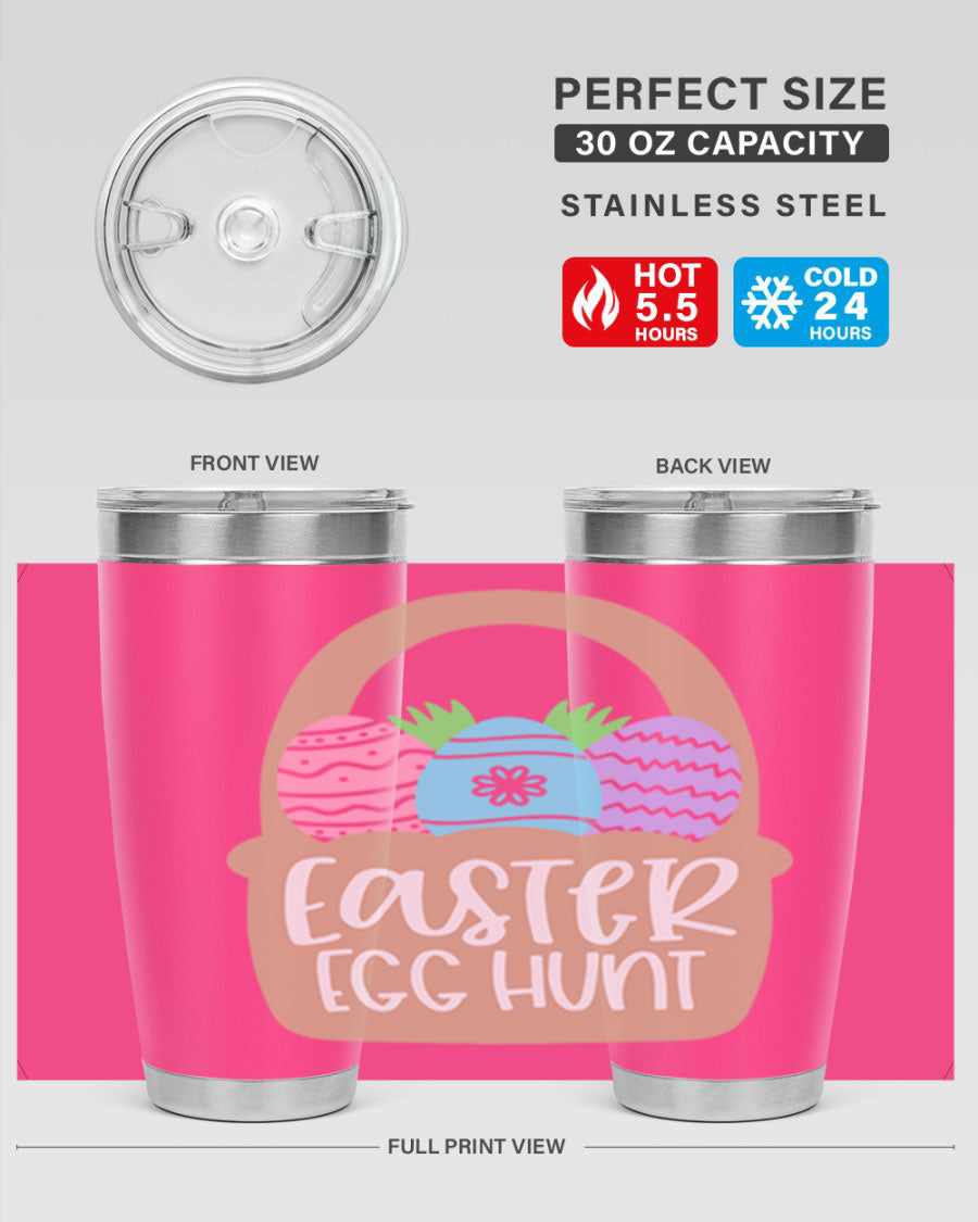 Easter Egg Hunt 20oz Tumbler featuring double wall vacuum stainless steel with a colorful design, perfect for hot and cold beverages.