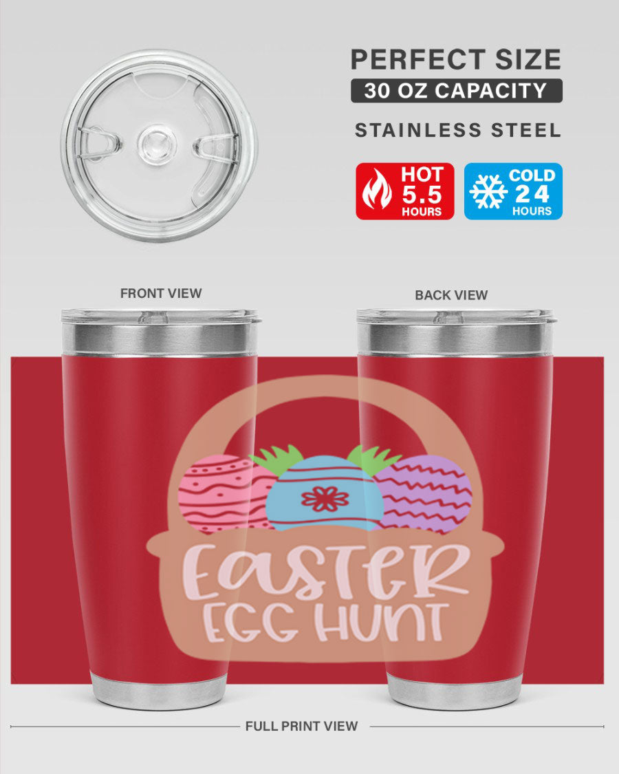 Easter Egg Hunt 20oz Tumbler featuring double wall vacuum stainless steel with a colorful design, perfect for hot and cold beverages.