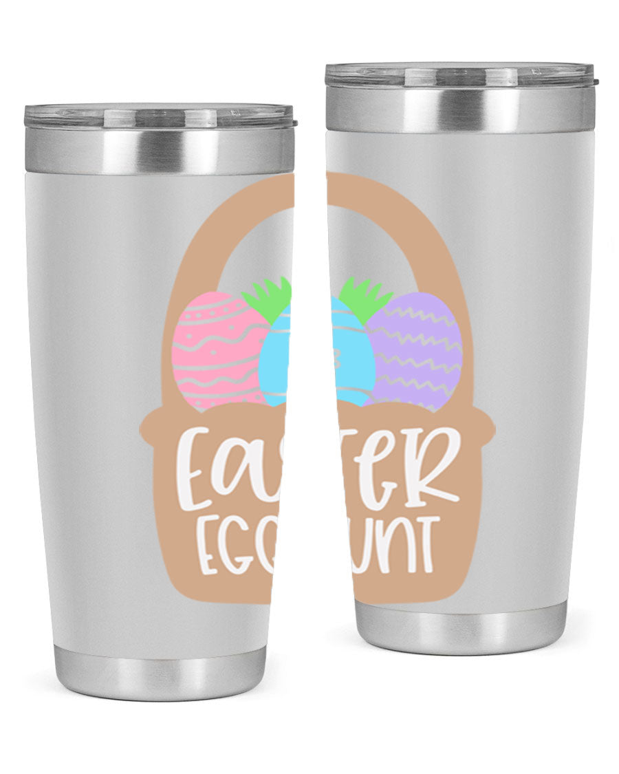 Easter Egg Hunt 20oz Tumbler featuring double wall vacuum stainless steel with a colorful design, perfect for hot and cold beverages.